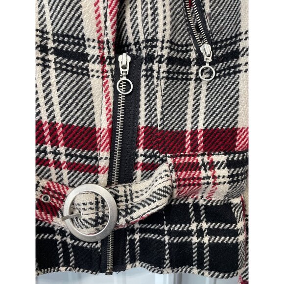 Express Moto Jacket Size Small Plaid Zip Front Belted Red Black Wool Christmas - Picture 3 of 7